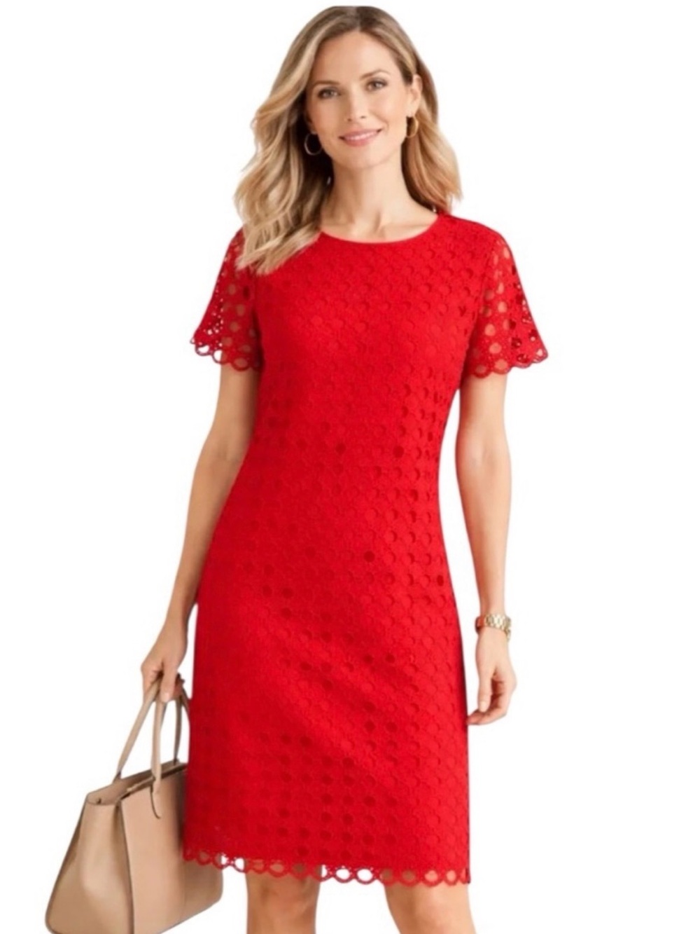Talbots Red Eyelet Scallop-Sleeve Sheath Dress